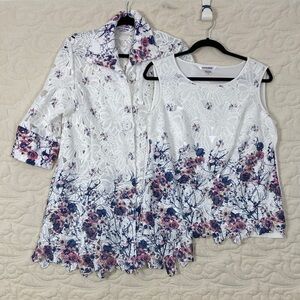 Peter Nygard White and Purple Floral Lace Blouse Set